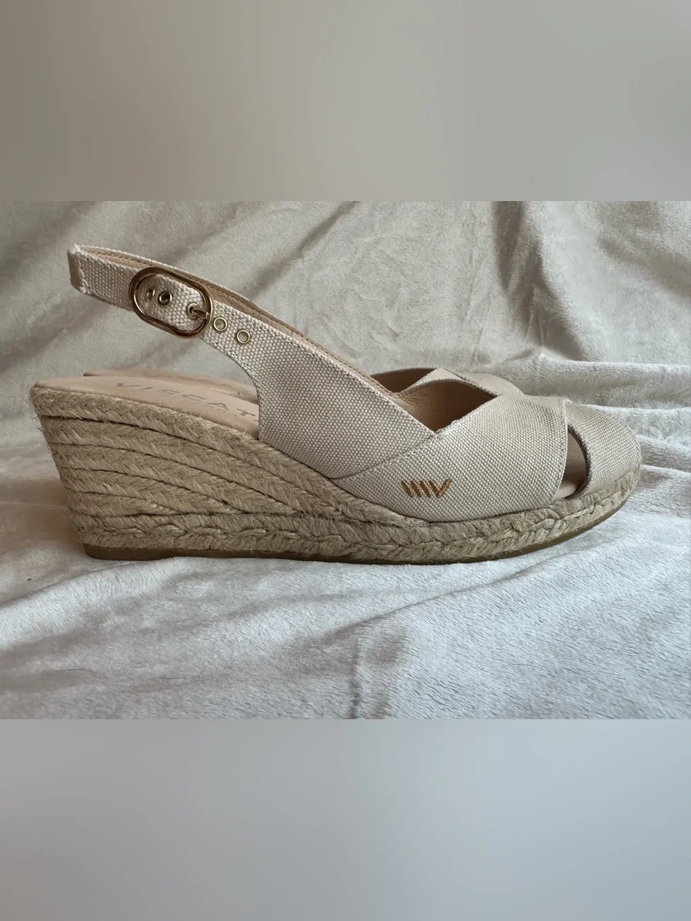 VISCATA Beige Canvas Espadrille Slingback Wedge Sandals